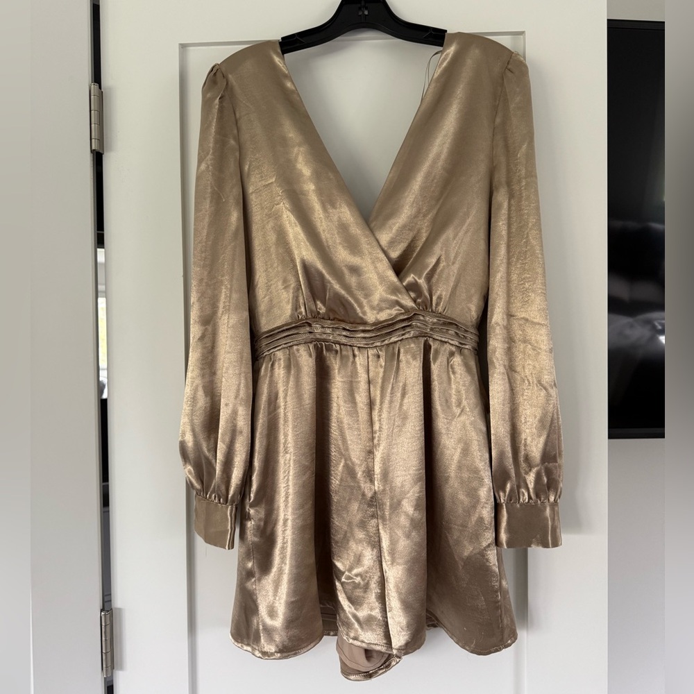 ENDLESS ROSE Shiny Gold Satin Romper - Picture 2 of 9